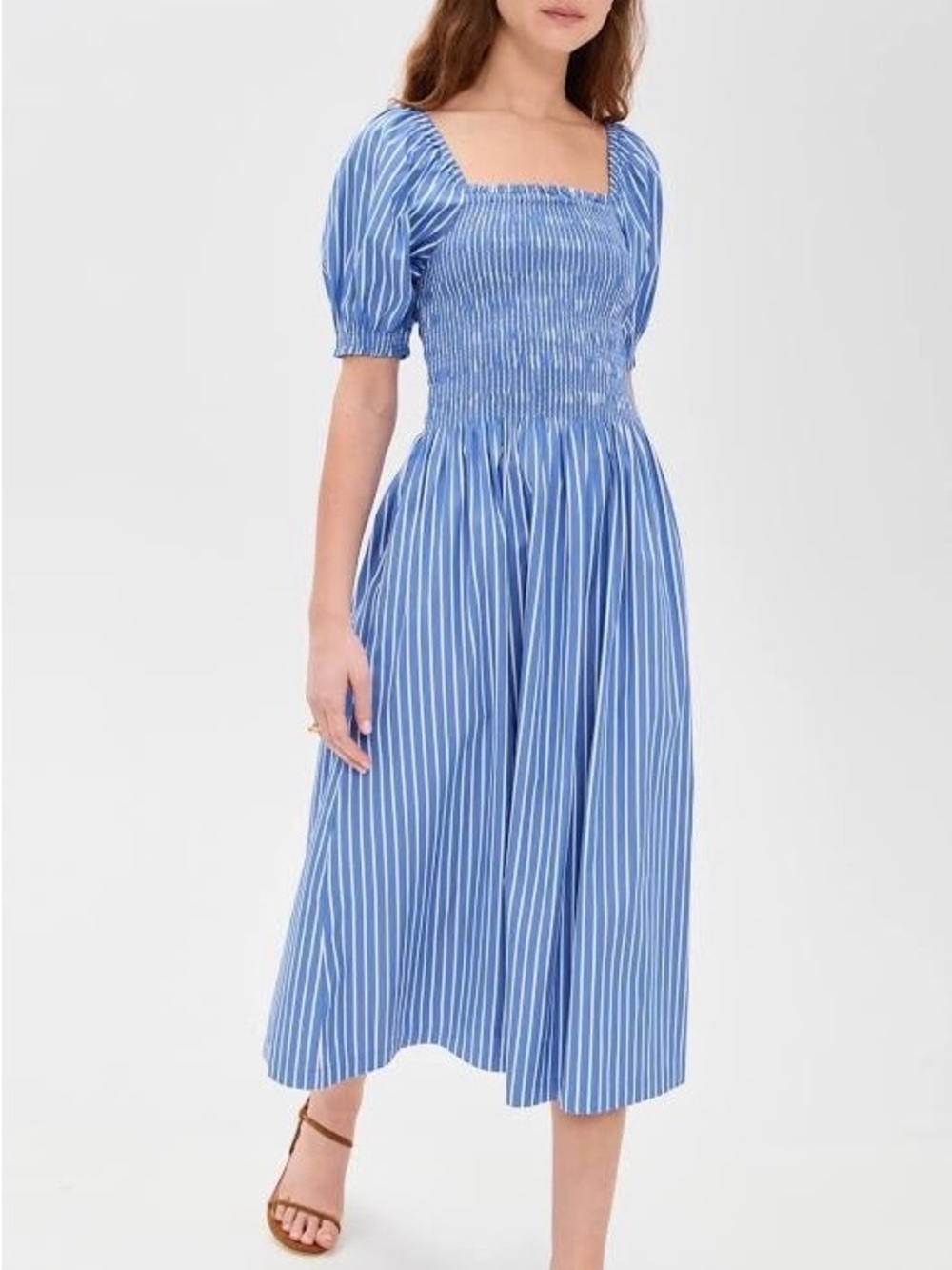 Madewell Blue & White Striped Smocked Midi Dress Large
